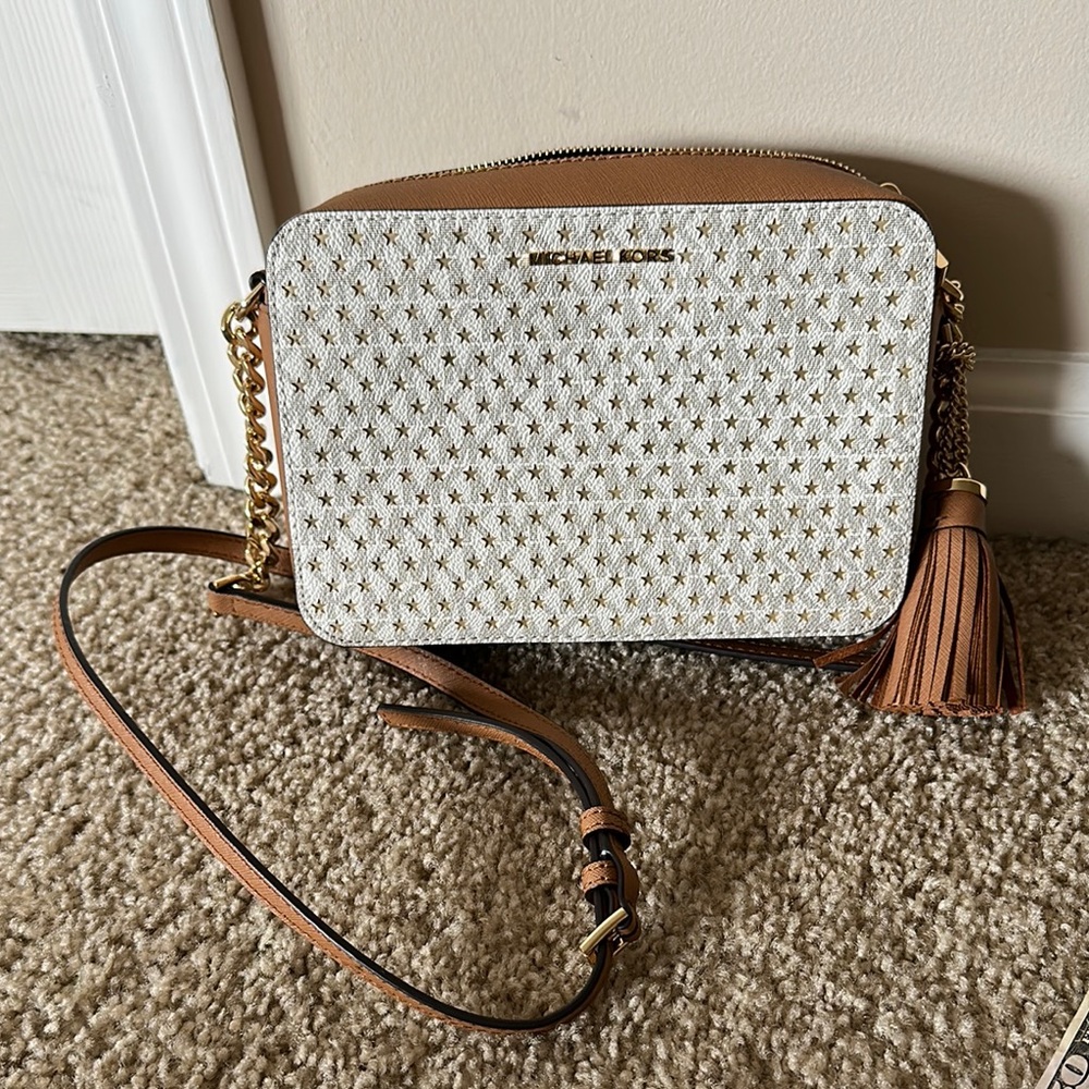 Michael Kors White and Tan Crossbody Bag